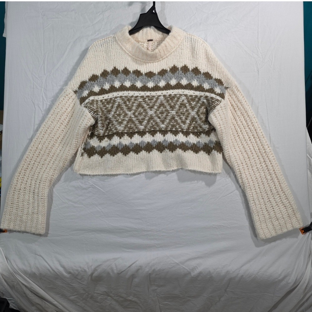 Free People Fair Isle Cropped Sweater M Cream Wool Alpaca Chunky Knit Mock Neck